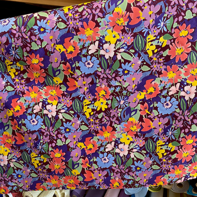 Wine Springtime floral 100% cotton poplin fabric, sold per 1/2 metre, 112cm wide