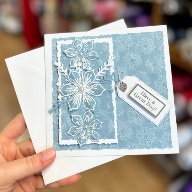 Pale Blue Floral Celebrations Greetings Card Handmade By Debra