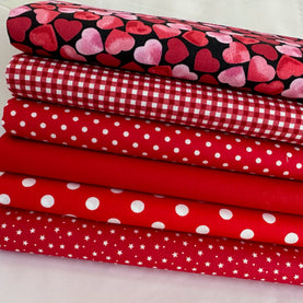 Valentines red 6 piece FAT QUARTER BUNDLE, 100% cotton poplin fabric