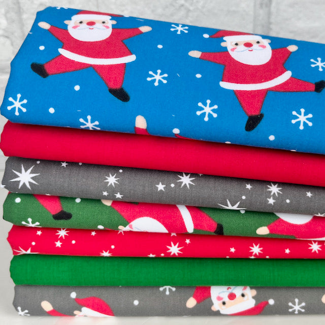 7 Piece Dancing Santa, Blue, Green and Grey Fat Quarter Polycotton Fabric Bundle