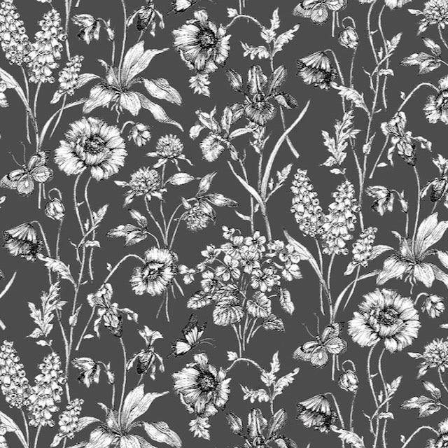 Dark Grey Buttercup Sketch Floral Timeless Treasure Premium Fabric 100% cotton Sold Per Half Metre