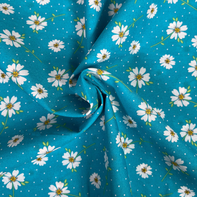 Turquoise Daisies Polycotton fabric, 112cm wide per 1/2 metre