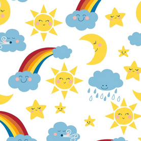 Happy Clouds & Rainbows 100% Cotton Fabric Sold Per 1/2 Metre 112cm wide