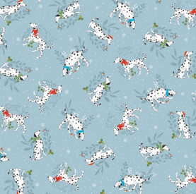 Dalmatian Winter Mischief 100% Premium Cotton fabric Sold Per 1/2 Metre