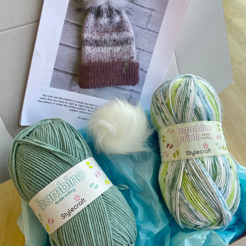 Donna's Double Layered Bobble Hat kit in sage colourway