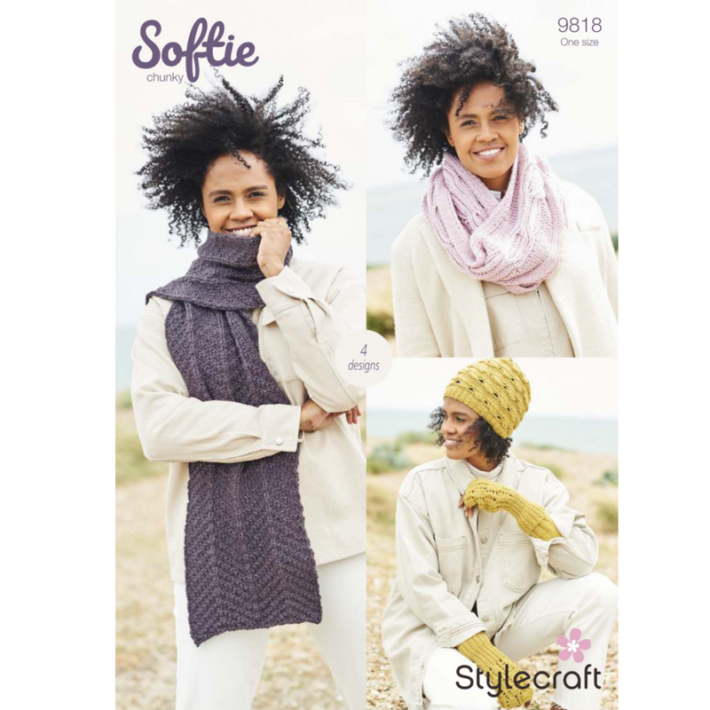 Stylecraft accessories in Softie Chunky, scarves hats and gloves, knitting pattern 9818