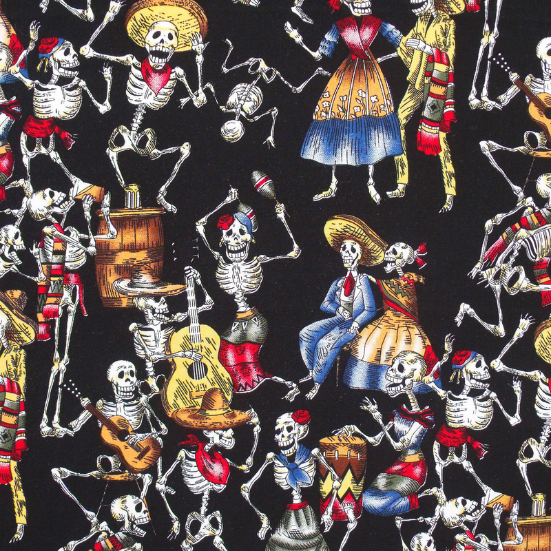 Day of the Dead, 'Dancing Skeletons' 100% Cotton Fabric, per half metre, 112cm wide