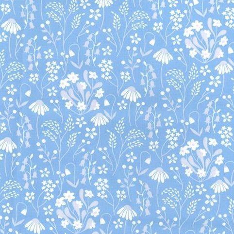 Snowdrops & daisies pale blue 100% cotton poplin fabric, sold per 1/2 metre, 112cm wide