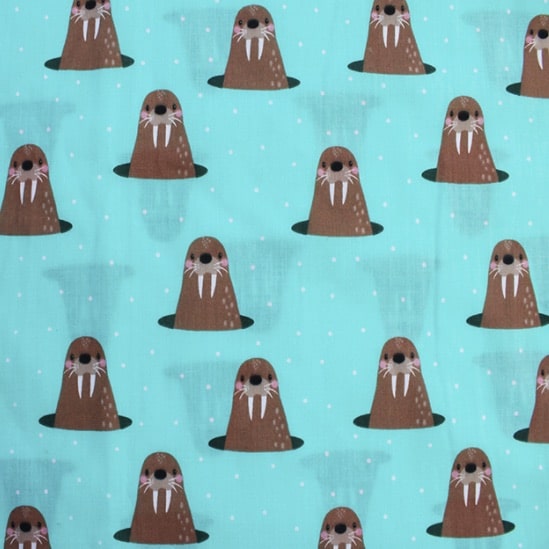 Christmas Walrus Teal Polycotton Fabric 112cm wide sold by the half metre