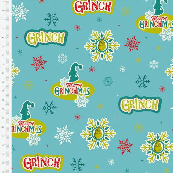 The Grinch Merry Christmas 100% cotton fabric, jade green colour