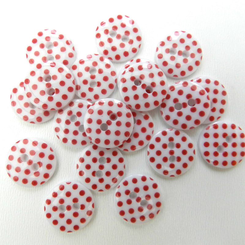 Spotty Round Button 12mm -  White /Red Spots