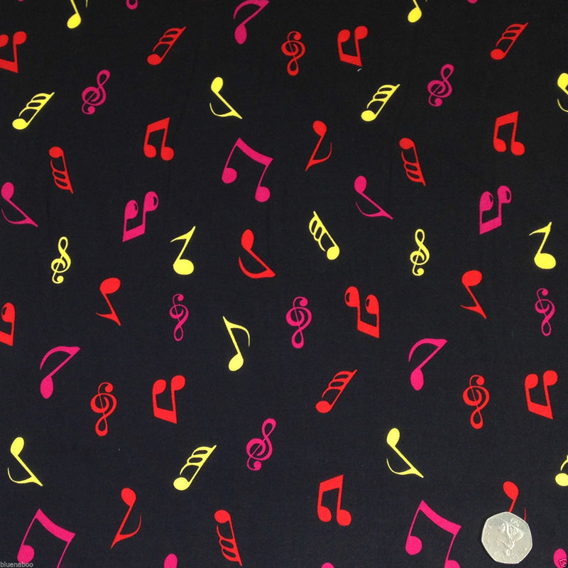 Multicoloured Musical Notes, Black, 100% Cotton Fabric sold per half  metre