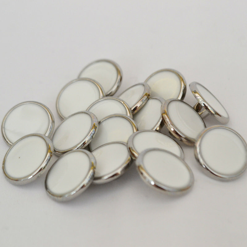 Dress shirt buttons, white with silver coloured rim, 2 Sizes,  Shank on back - Sold Individually