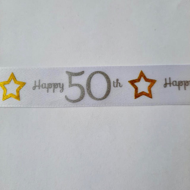 Special Age Birthday White Satin 25mm Ribbon - 50th