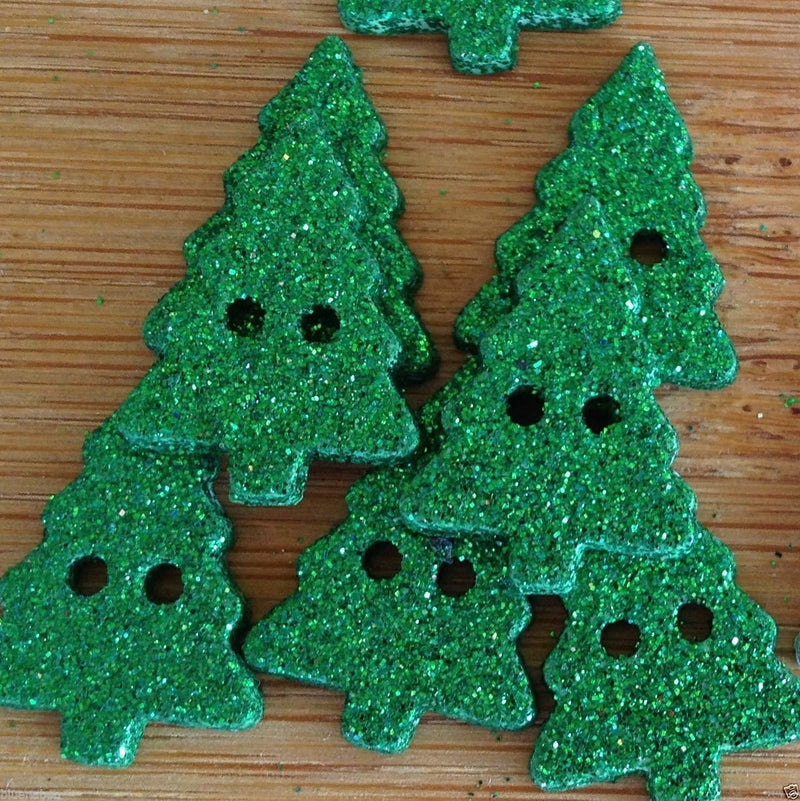 Glitter Christmas Tree Buttons Size 20mm x 15mm - GREEN