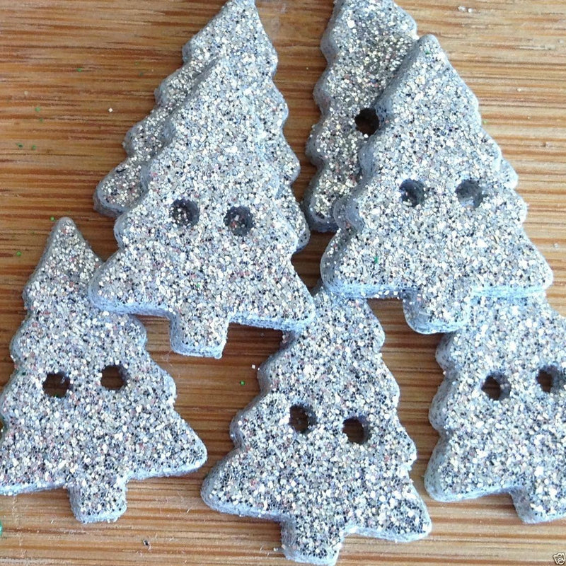 Glitter Christmas Tree Buttons Size 20mm x 15mm - SILVER
