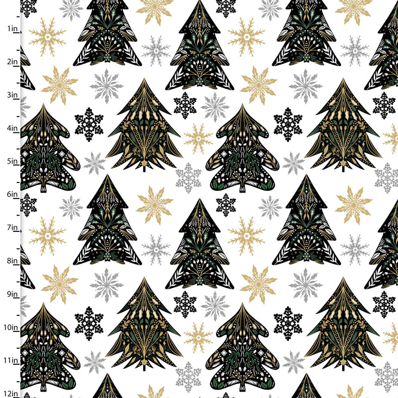 Fancy Trees Silver Glitter, 100%  Cotton Christmas Fabric sold  Per 1/2 Metre, 112cm wide