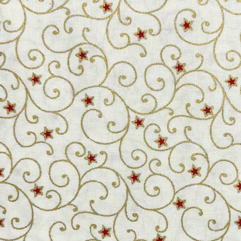 Gold Ivory & red Christmas Swirl 100% cotton fabric 44" wide per 1/2 metre