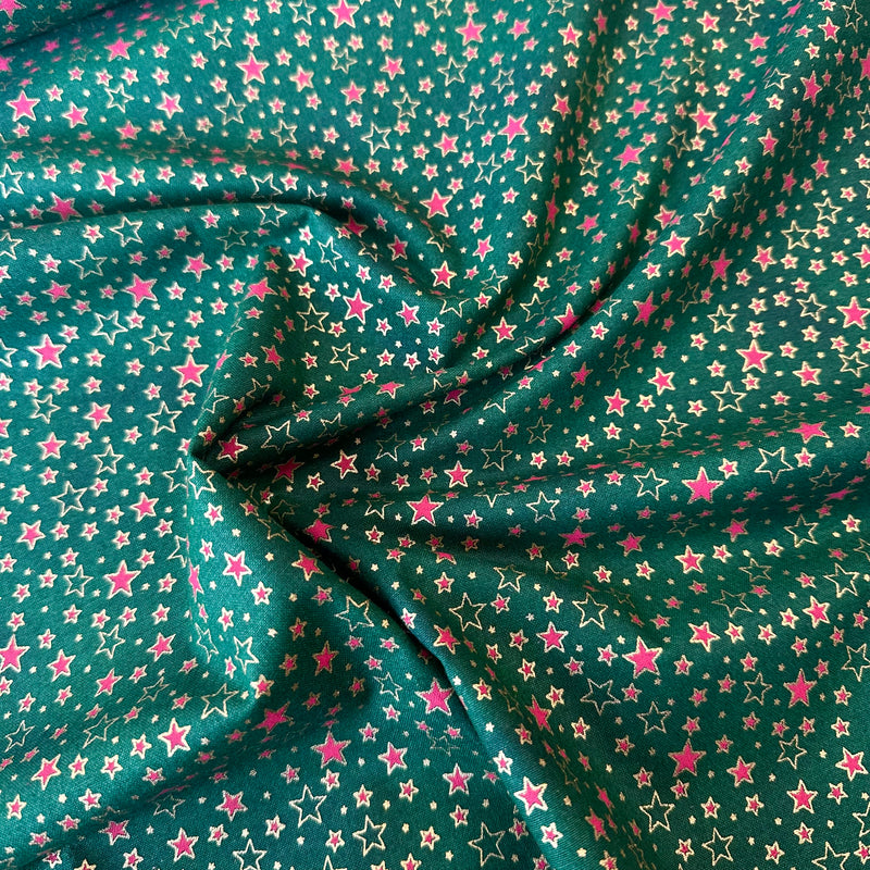 Green Sparkly Stars 100% Cotton Christmas Fabric Sold Per 1/2 Metre