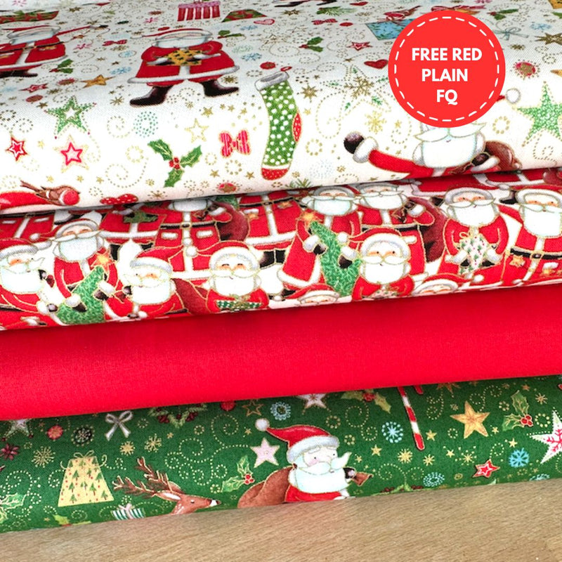 Santa's Delight 4 Piece Fat quarter Bundle 100% Cotton Fabrics & FREE RED FQ