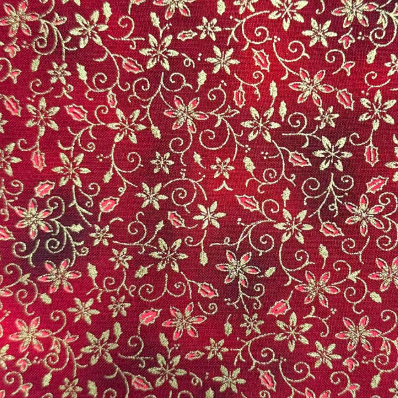 Red & Gold Christmas Holly Celebration 100% cotton fabric 44" wide per 1/2 metre