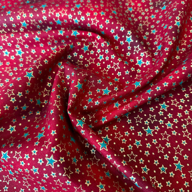 Red Sparkly Stars 100% Cotton Christmas Fabric Sold Per 1/2 Metre