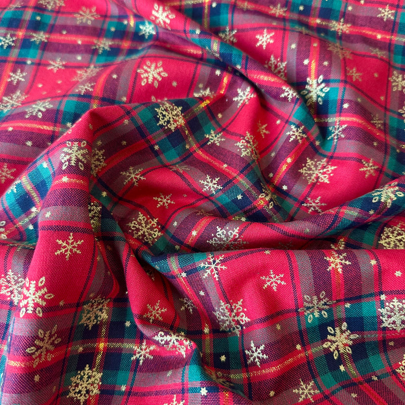 Red & Gold Snowflakes Large Plaid Christmas Fabric 95% Cotton 5% Lurex Sold Per 1/2 Metre