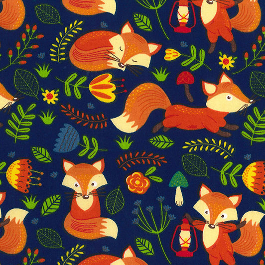 Cute  fox design polycotton fabric, navy blue, 112cm wide sold per half metre