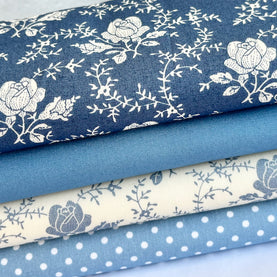 4 Piece Blue Victorian Roses Fat Quarter Bundle 100% Cotton Poplin Fabrics