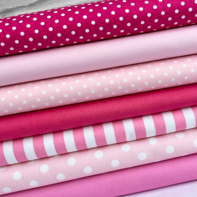 7 piece FAT QUARTER BUNDLE Pink Valentines Inspired 100 % Cotton Poplin Fabrics