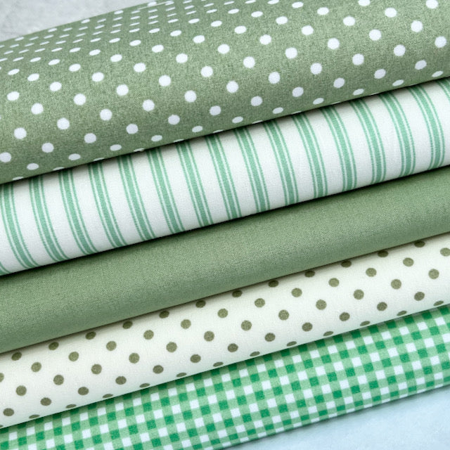 Basics Green 5 piece, fat quarter bundle, 100% cotton poplin fabric, Ideal for patchwork