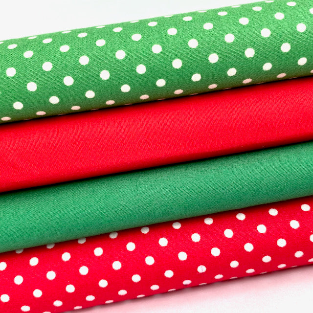 4 piece FAT QUARTER BUNDLE, Red and Green basics 100 % cotton poplin fabric