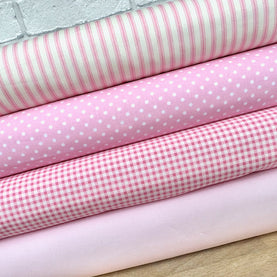 4 piece FAT QUARTER BUNDLE, Baby pink basics, spots, stripes, plains, 100% cotton poplin fabric *