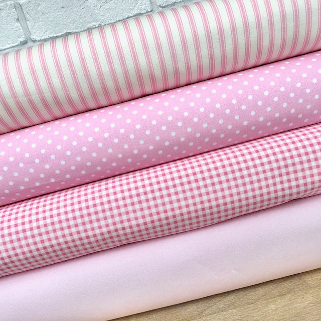 4 piece FAT QUARTER BUNDLE, Baby pink basics, spots, stripes, plains, 100% cotton poplin fabric *