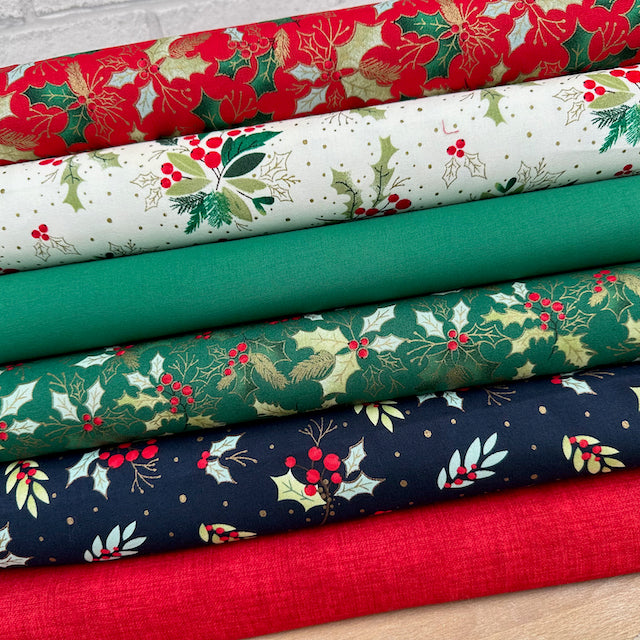 6 Piece Christmas Traditional holly bundle, 100% cotton fabric