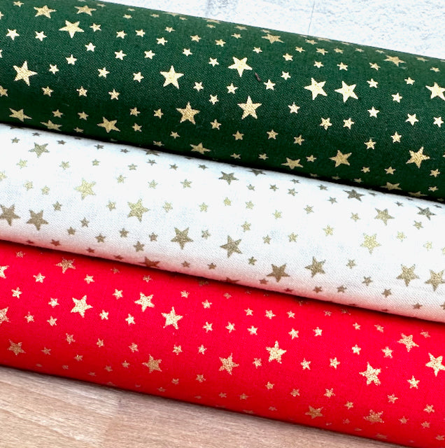 Christmas Tiny stars 3 piece Fat Quarter bundle, Green, red & ivory, 100% cotton fabric