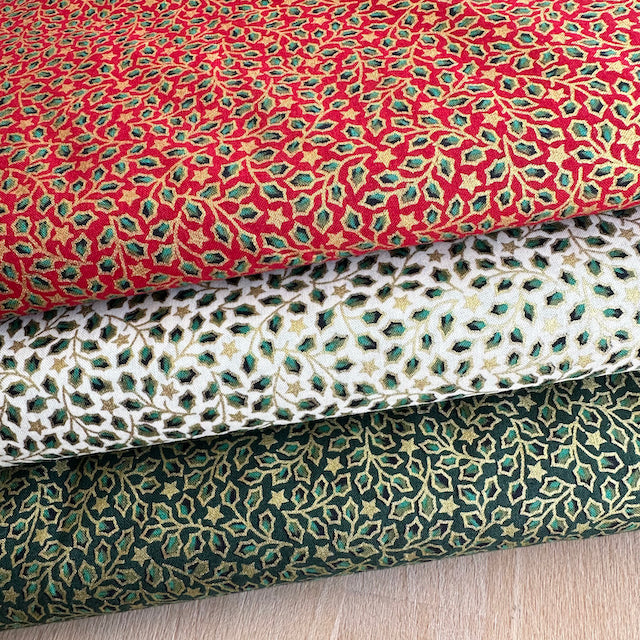 Tiny holly leaf with gold metallic, 3 piece FAT QUATER BUNDLE - 100% cotton fabric