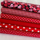 Valentines red 6 piece FAT QUARTER BUNDLE,  100% cotton poplin fabric
