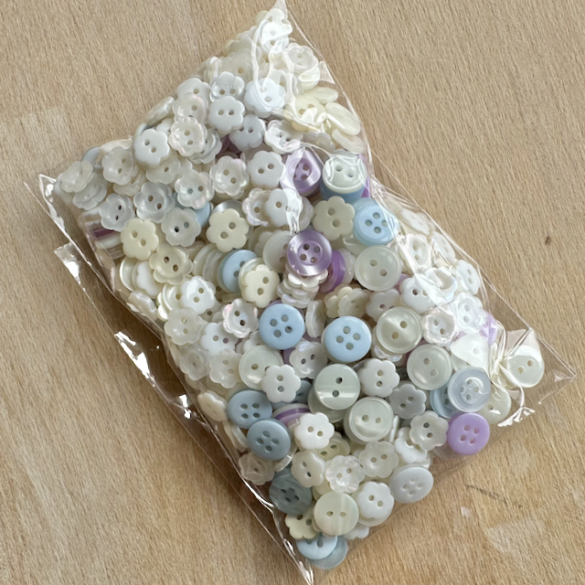 CLEARANCE ...100 Gram Small Baby buttons, cream, white, blue, lilac