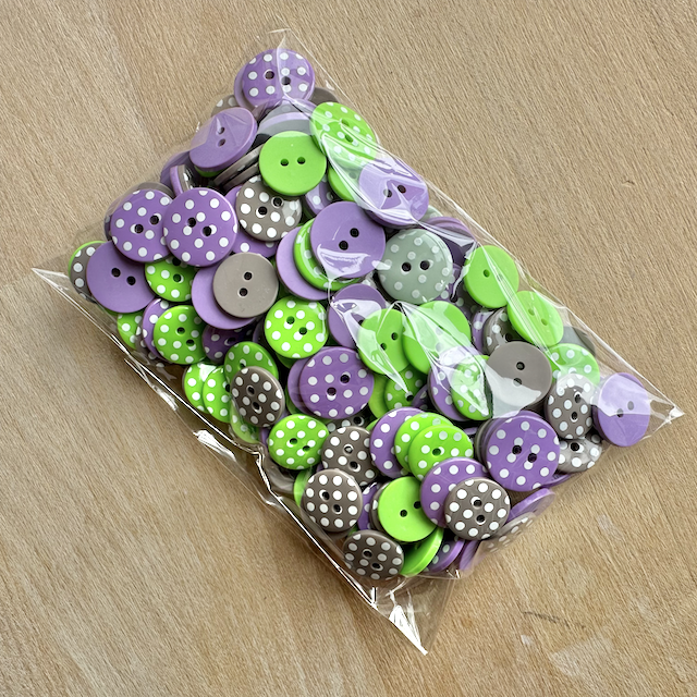CLEARANCE ...100 Gram Bag Mixed Spotty buttons, lilac, cappucino, sage & lime