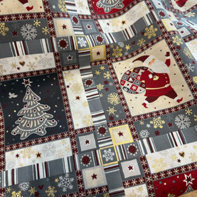 Santa & Tree Patchwork Christmas (grey/red) 100% cotton fabric 54" wide per 1/2 metre