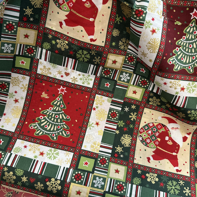 Santa & Tree Patchwork Christmas (red/green) 100% cotton fabric 54" wide