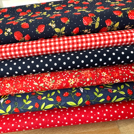 6 Piece Navy Bees & Strawberries Fat Quarter Bundle 100% Cotton Poplin Fabrics