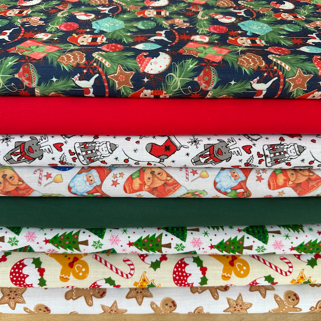 Christmas POLYCOTTON  8 piece HALF METRE BUNDLE, Red,White, cream and Green Christmas mix