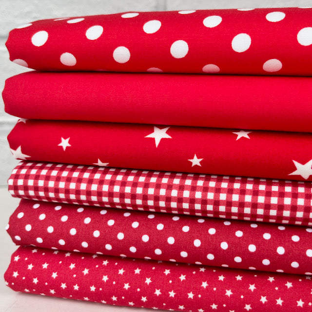 6 piece FAT QUARTER BUNDLE, RED basics, 100% cotton poplin fabric 