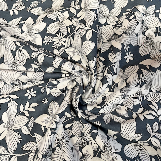 Clematis Floral Grey 100% cotton poplin fabric, sold per 1/2 metre, 142cm wide