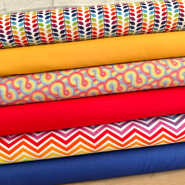 6 Piece Bright & Funky Rainbow & Plains 100% Cotton Fabric Fat Quarter Bundle