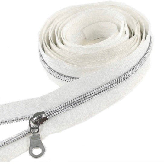Size 5 - White and Silver Zip  - Sold Per Meter with 2 zipper pulls