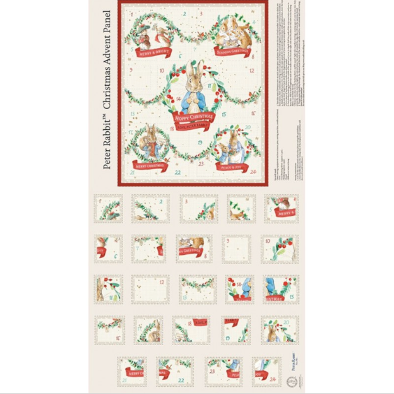 Peter Rabbit Hoppy Holidays Christmas Advent Panel, 100% Cotton fabric - Sold Per Panel