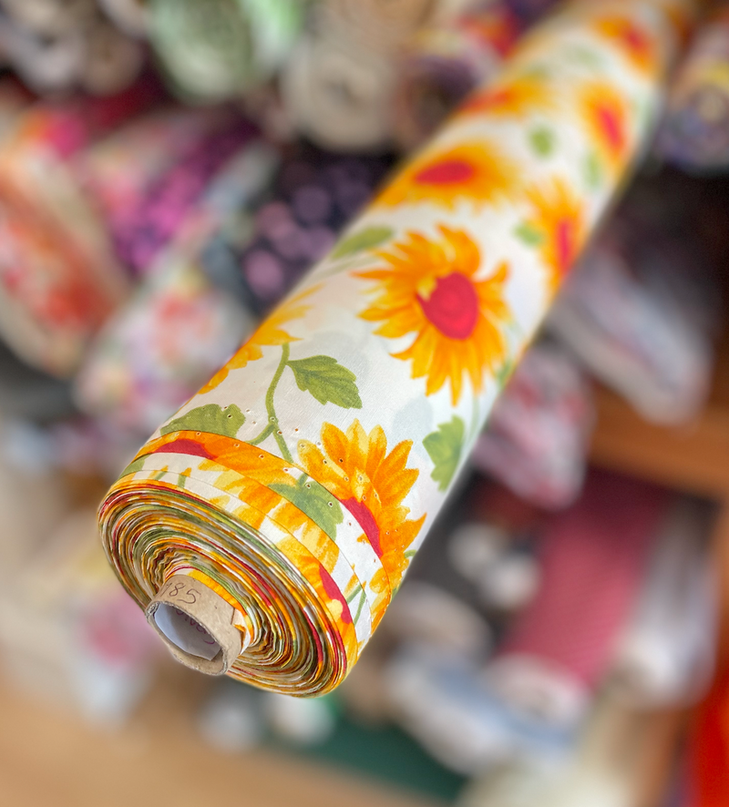 Sunflower Ivory floral design 100% cotton poplin fabric, sold per 1/2 metre, 112cm wide